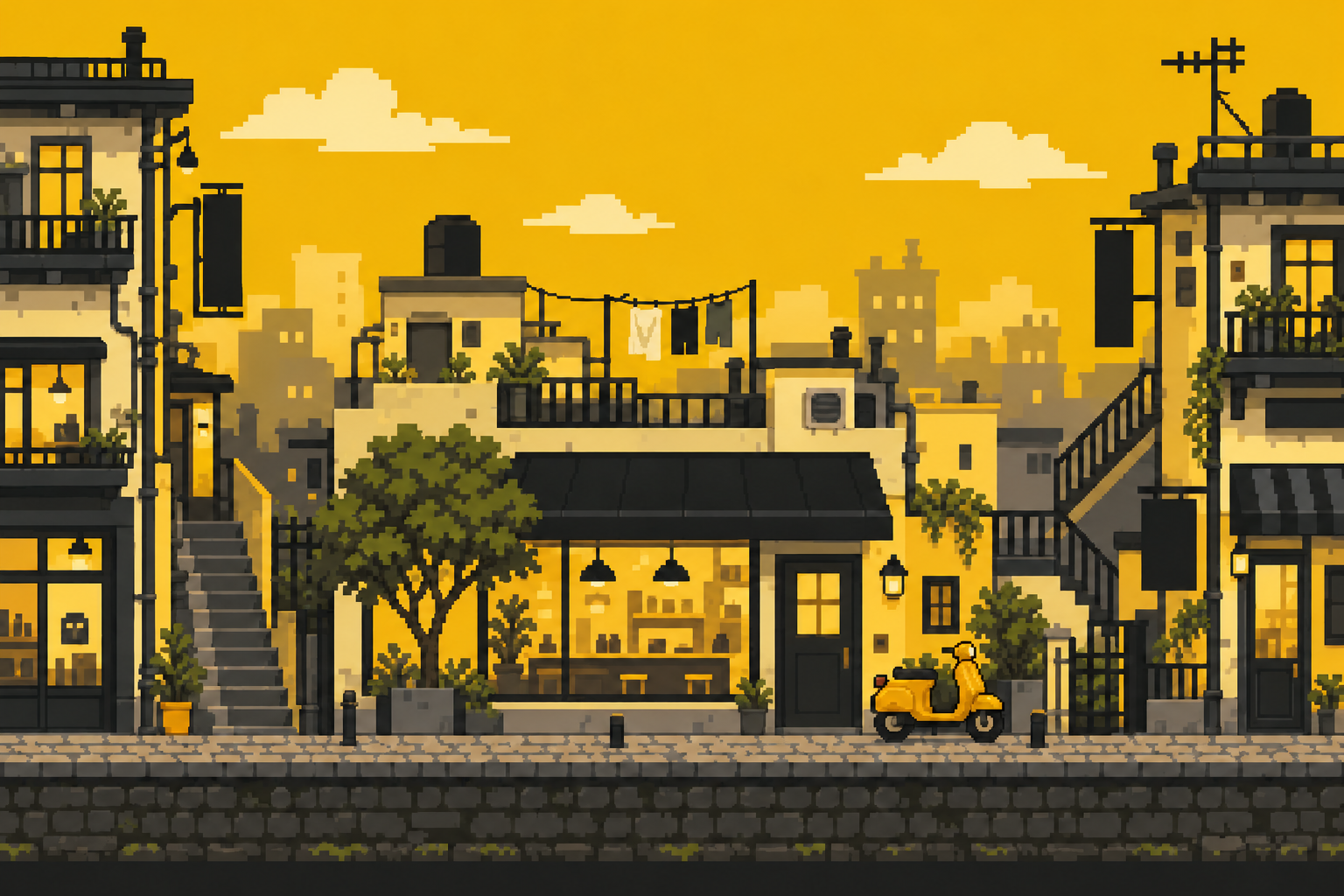 A golden pixel neighborhood with a shop, yellow scooter, rooftops and street trees.